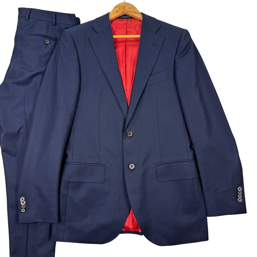 SUITSUPPLY Lazio Mens 38L Slim Fit Navy Birdseye Wool Suit Jacket Pant 34x31 EUC